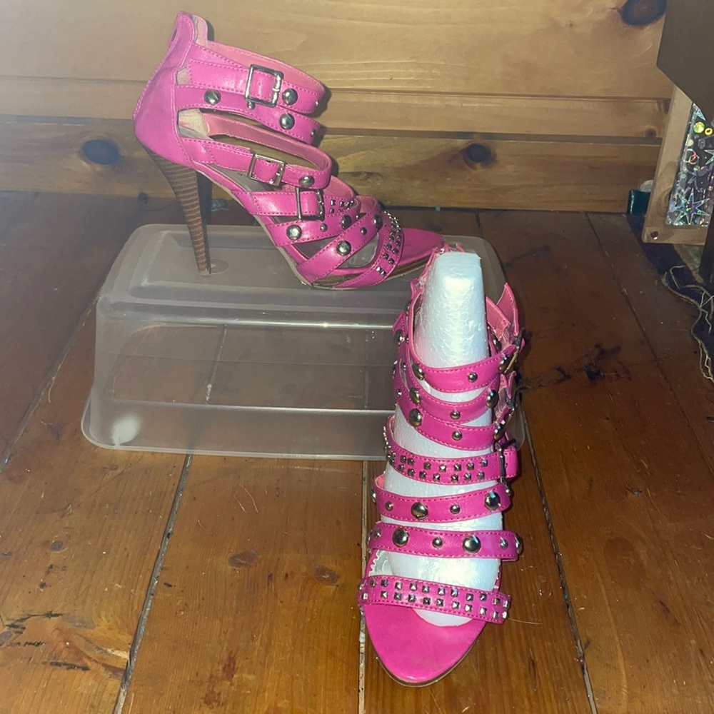 Pink strap studded heels